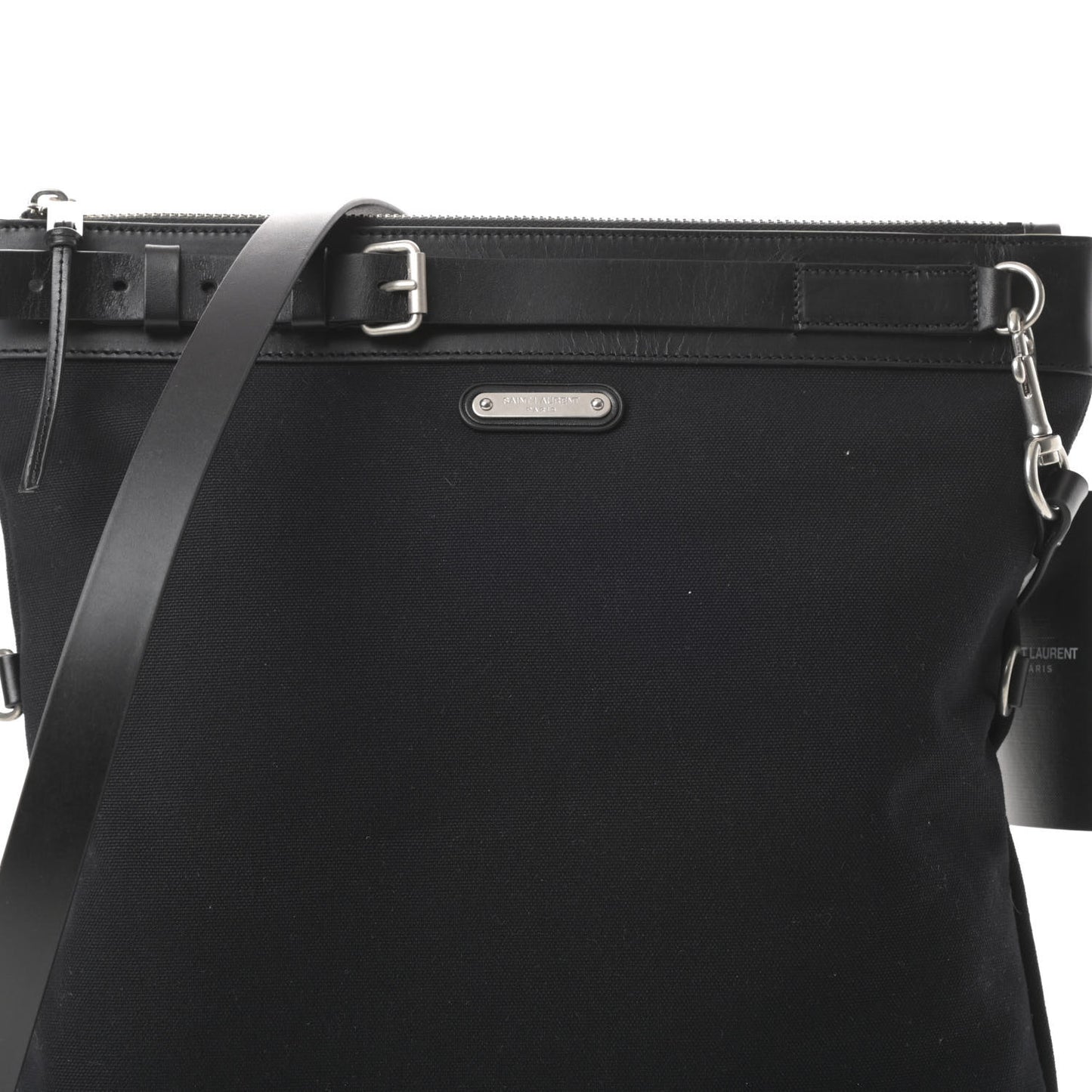 Canvas Calfskin Belted Flat Messenger Bag Black