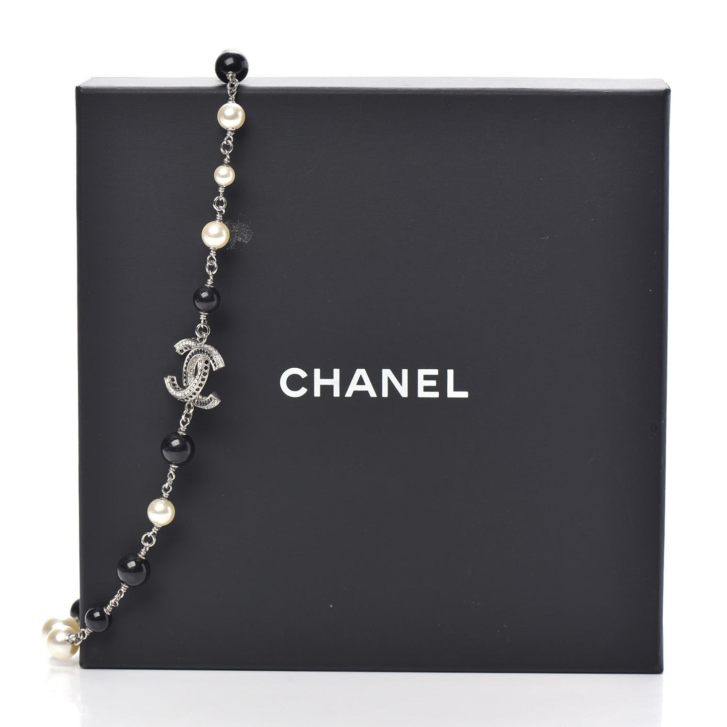 Crystal Pearl Beaded CC Short Necklace Silver Black