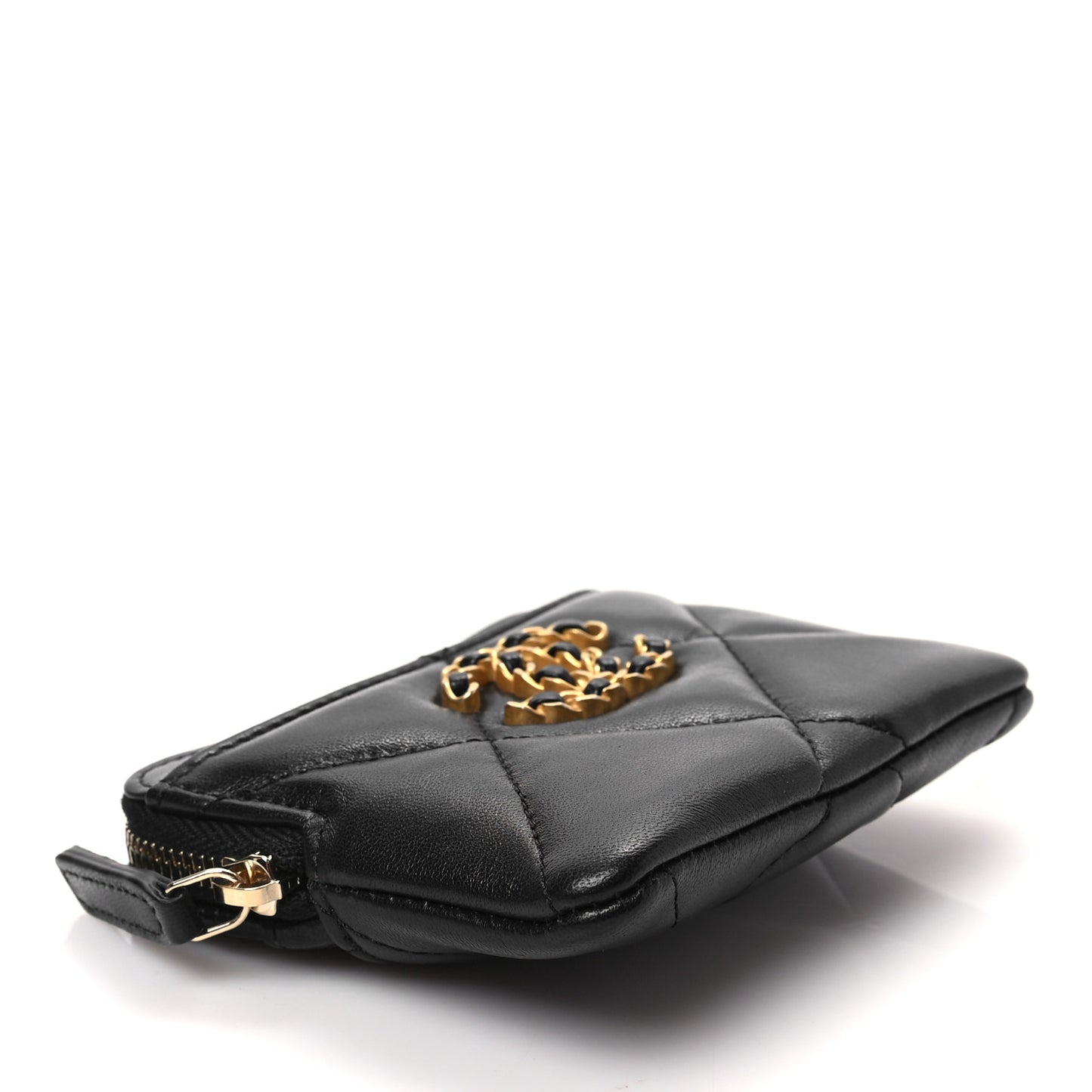 Lambskin Quilted Chanel 19 Zip Card Holder Wallet Black