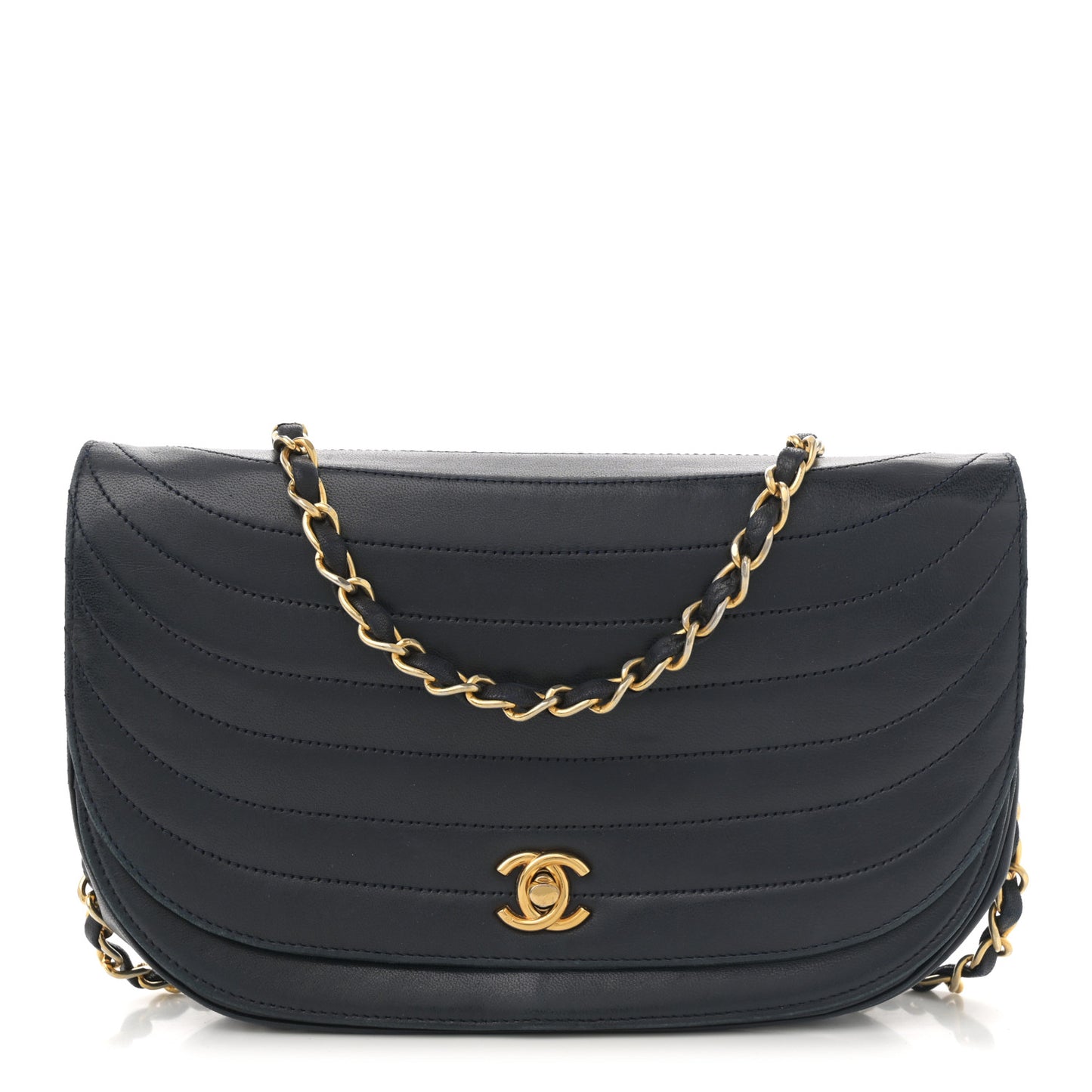 Lambskin Ribbon Quilted Small Single Flap Navy