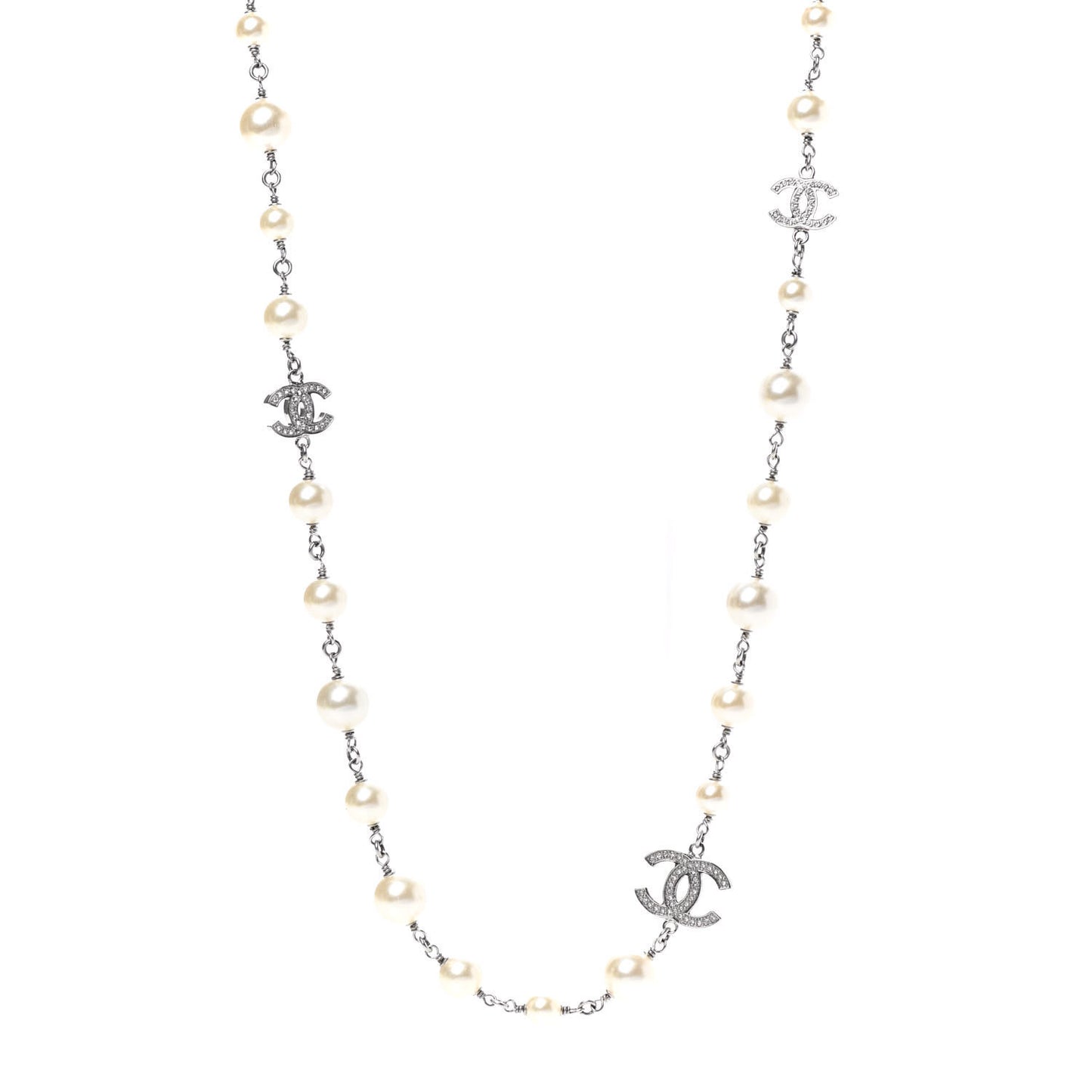 Graduated Pearl Crystal CC Long Necklace Silver