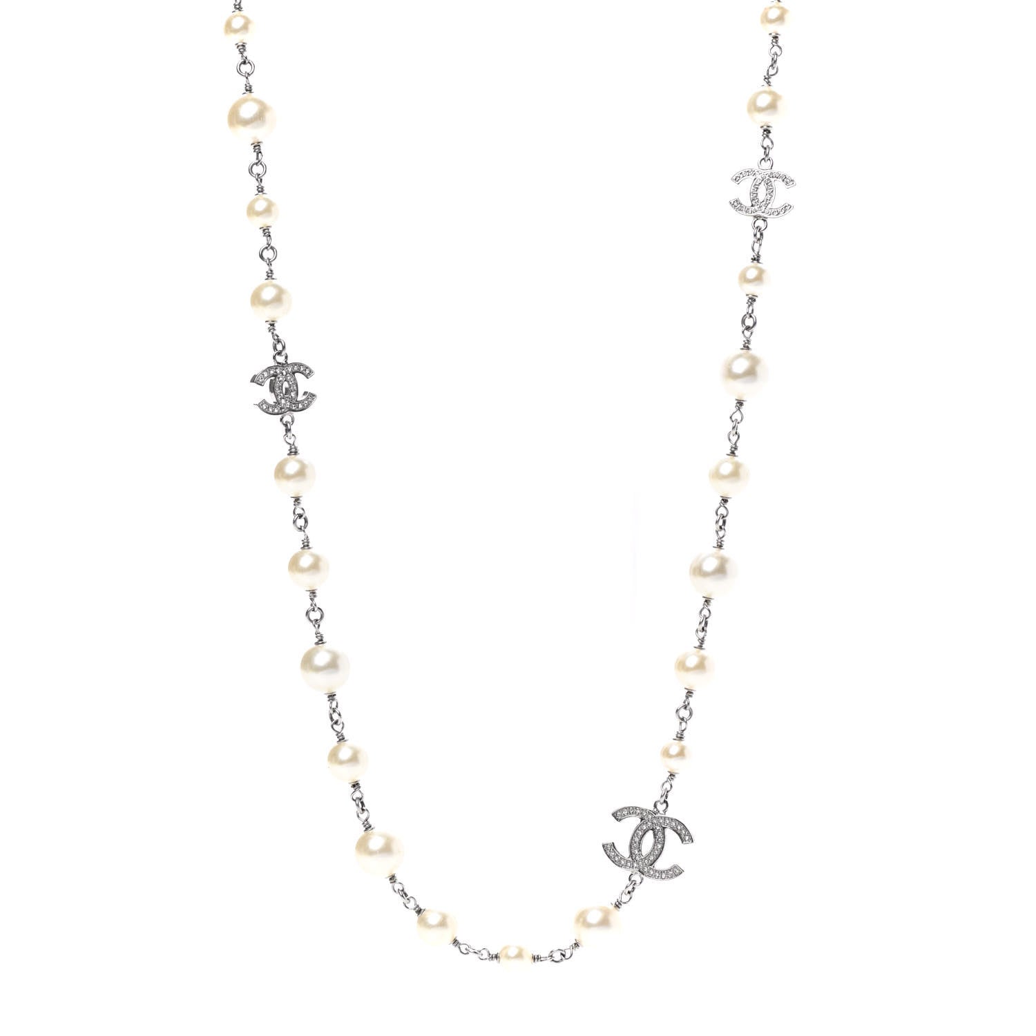 Chanel Graduated Pearl Crystal CC Long Necklace Silver 1 of 6