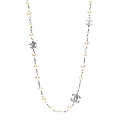 Chanel Graduated Pearl Crystal CC Long Necklace Silver 1 of 6