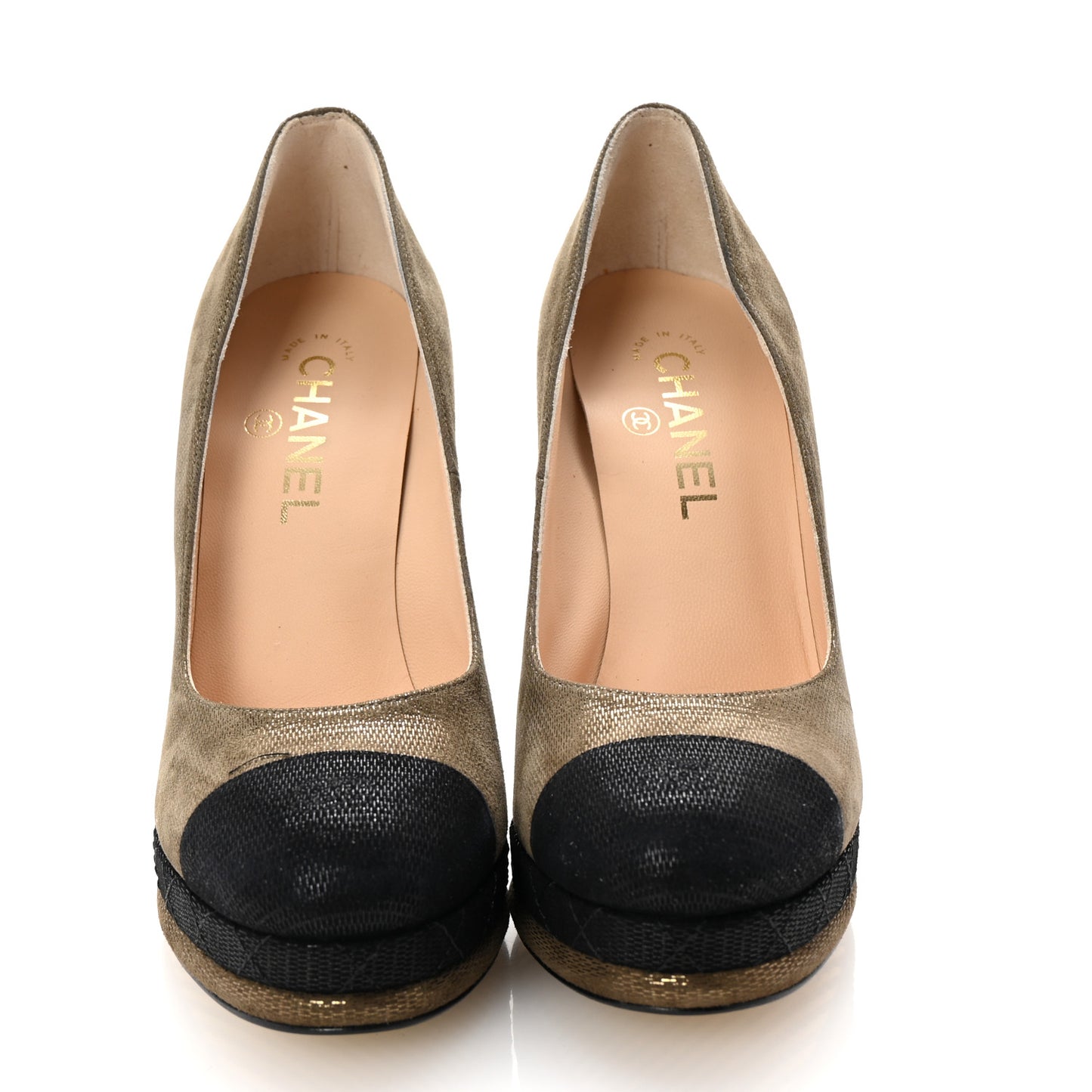 Metallic Fabric CC Cap Toe Pumps 38.5 Khaki Black