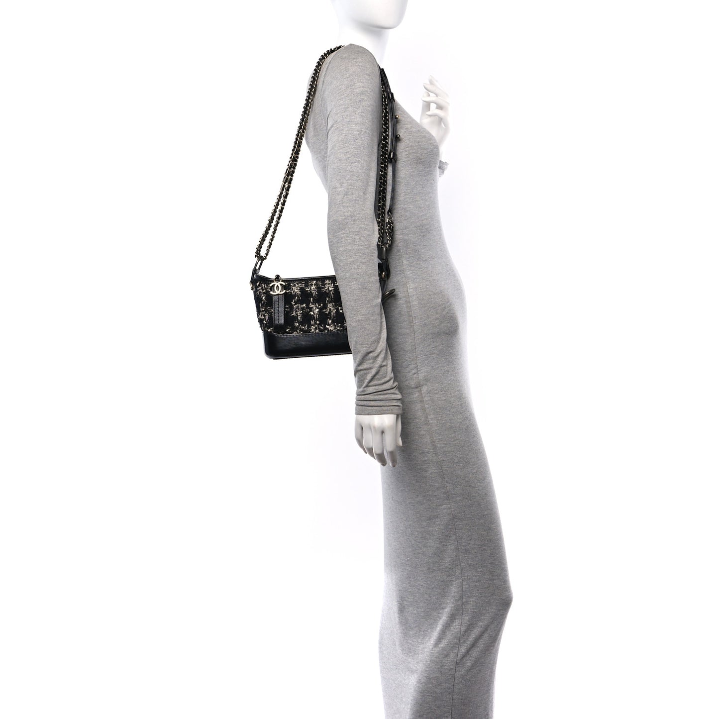 Tweed Calfskin Small Gabrielle Hobo Black Silver Ecru