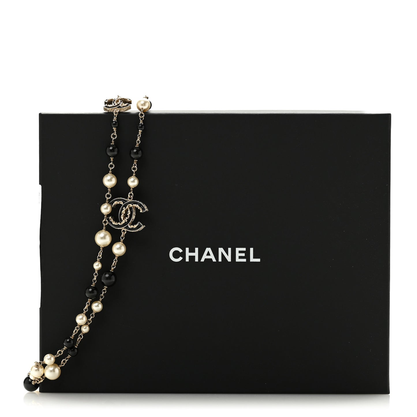 Pearl Bead Enamel CC Baroque Long Necklace Black Gold