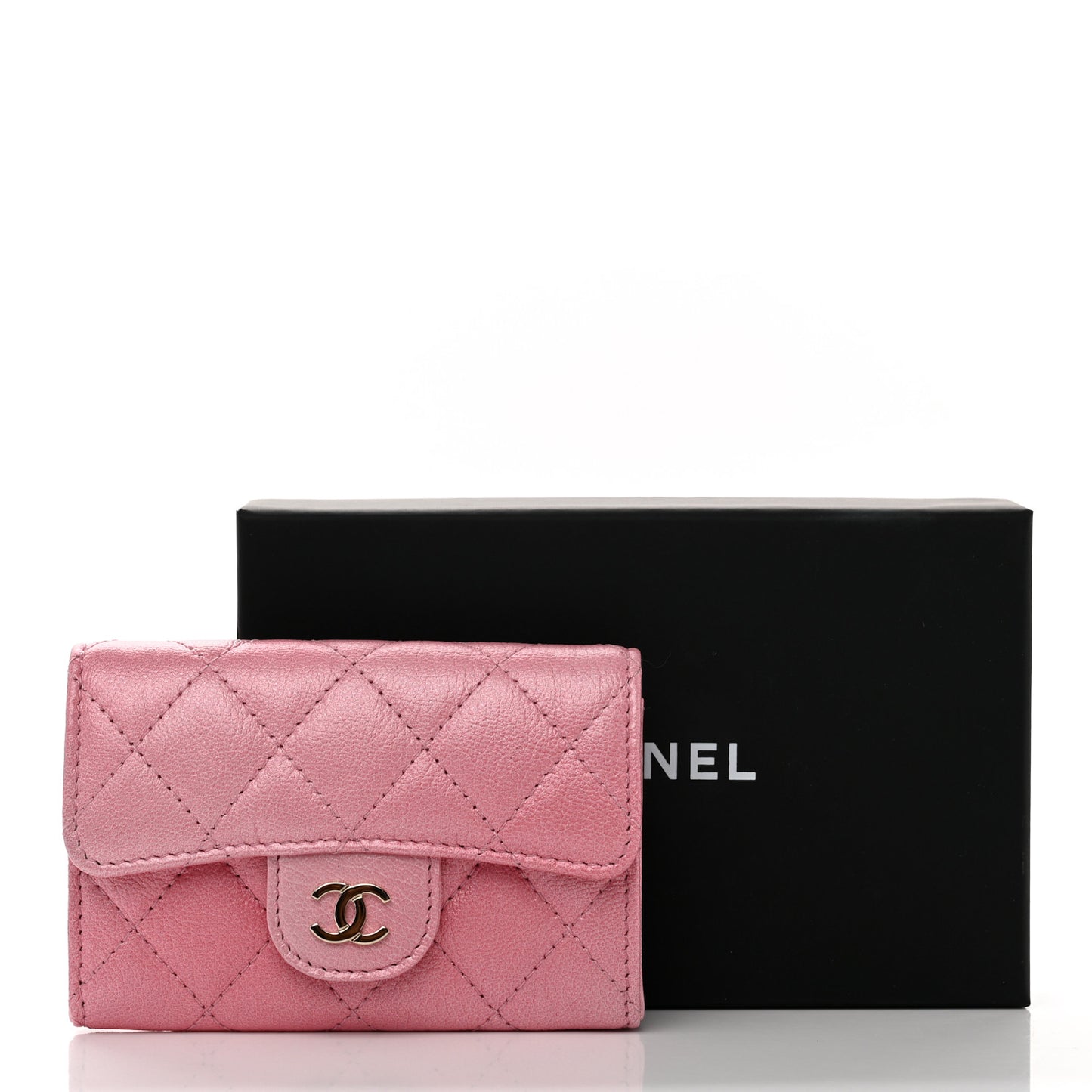 Cloudy Pearly Goatskin Quilted Flap Card Holder Wallet Light Pink