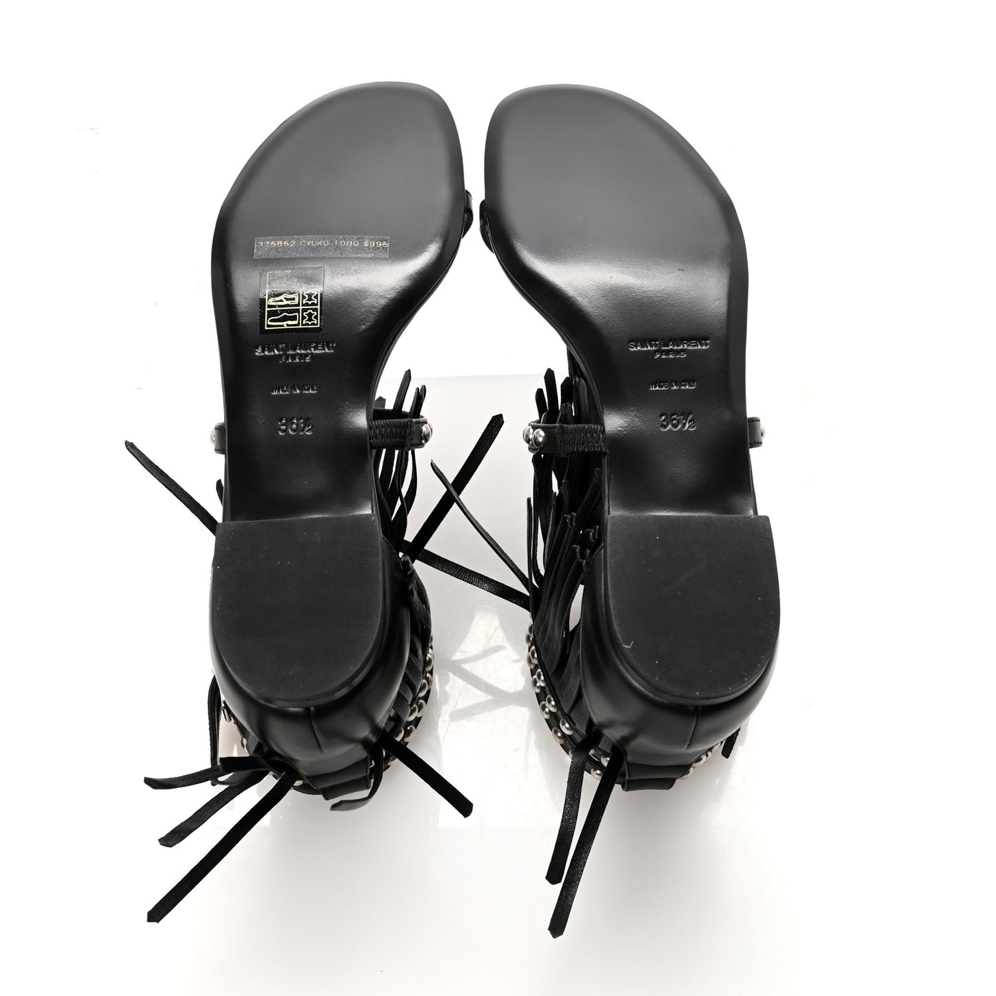 Calfskin Studded Fringe Cyuko Sandals 36.5 Black