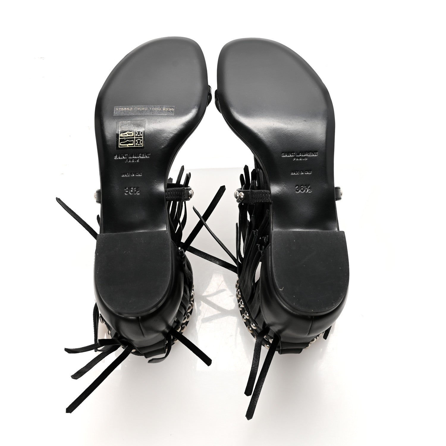 Saint Laurent Calfskin Studded Fringe Cyuko Sandals 36.5 Black 6 of 10