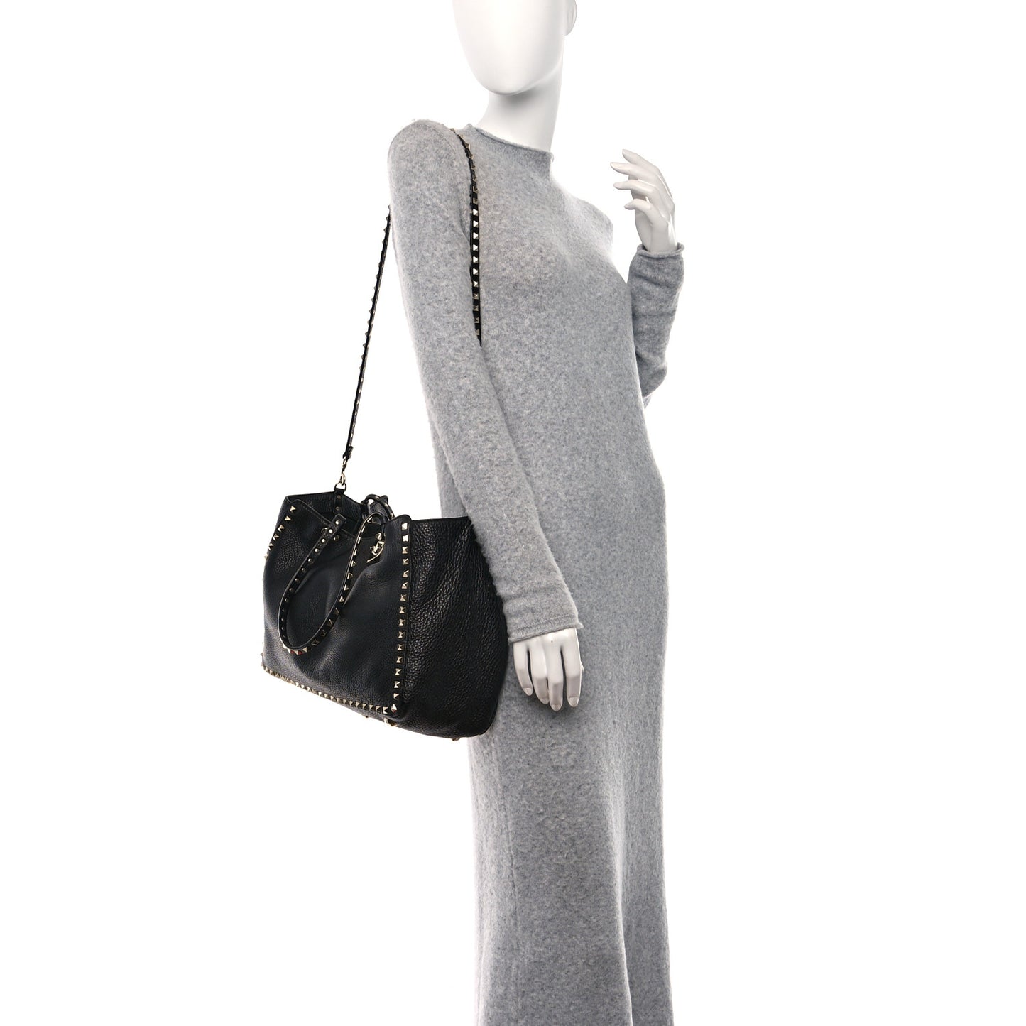 Pebbled Calfskin Small Rockstud Tote Black