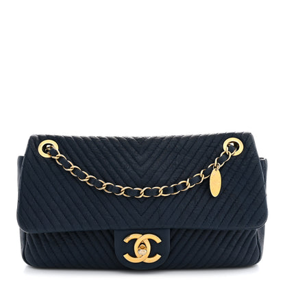 Chanel Calfskin Surpique Chevron Medium Flap Navy 1 of 11