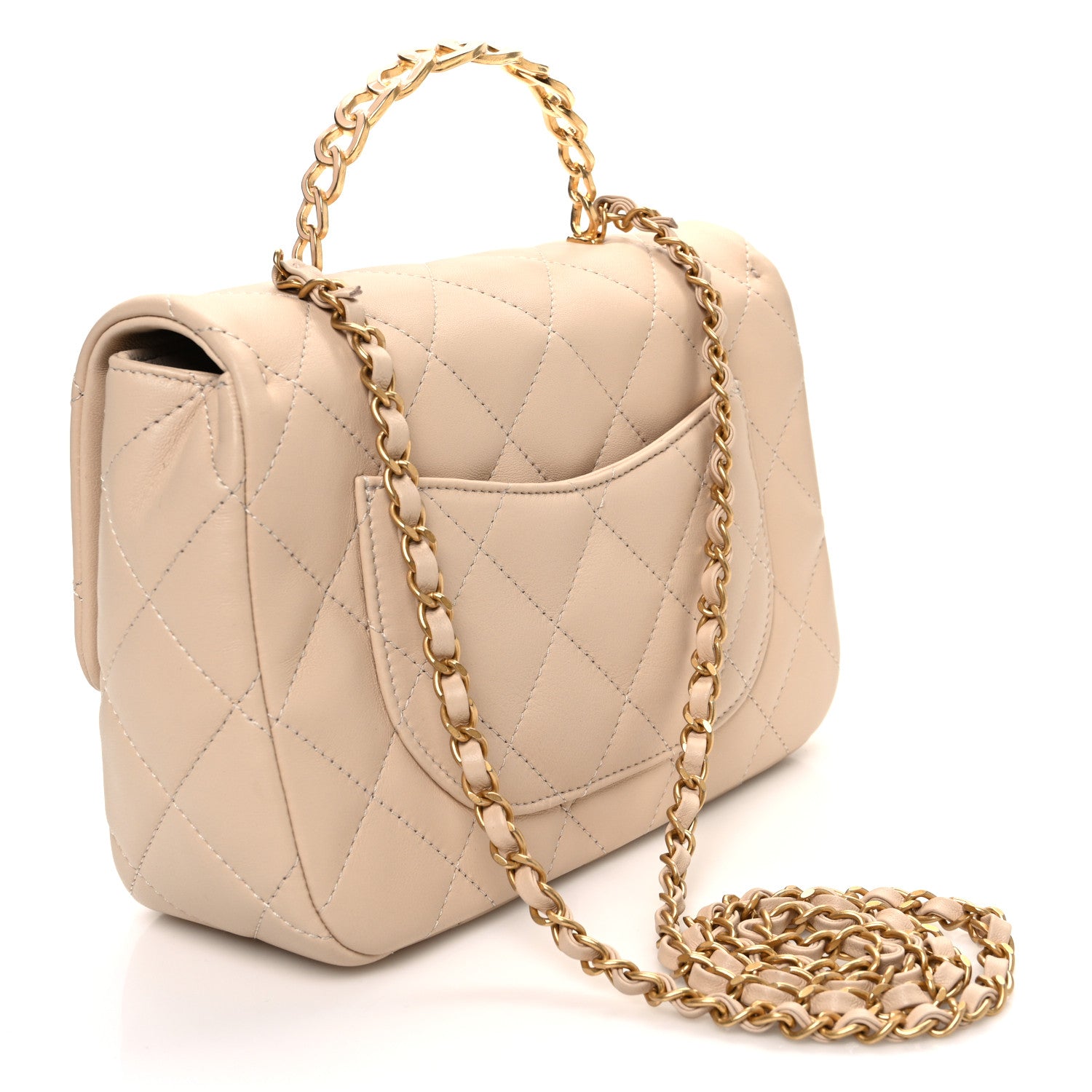 Chanel Lambskin Quilted Metal Enamel Chain Top Handle Square Flap