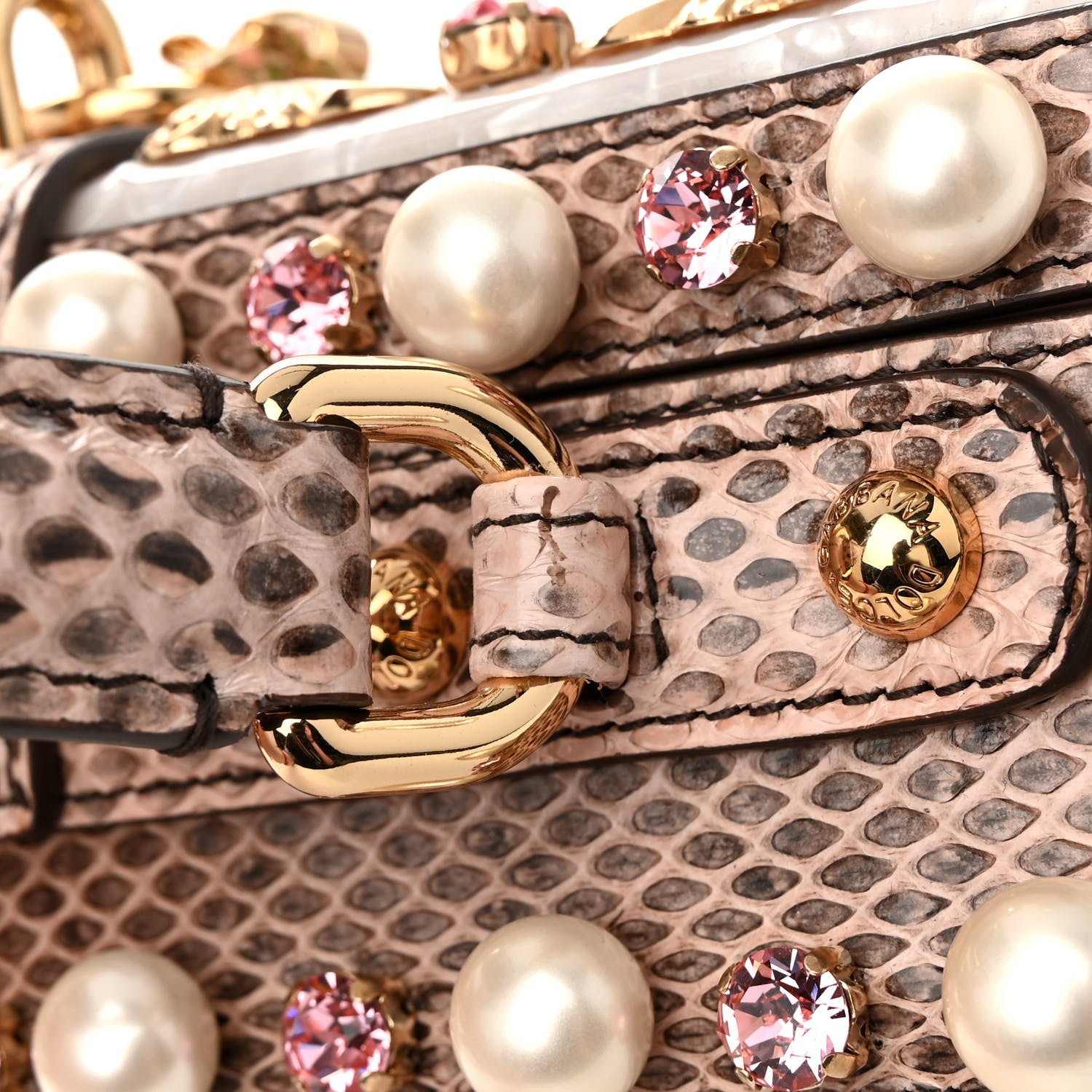 Dolce & Gabbana PVC Snakeskin Effect Pearl Crystal Tropical Rose Lily Box Bag Pink 12 of 13