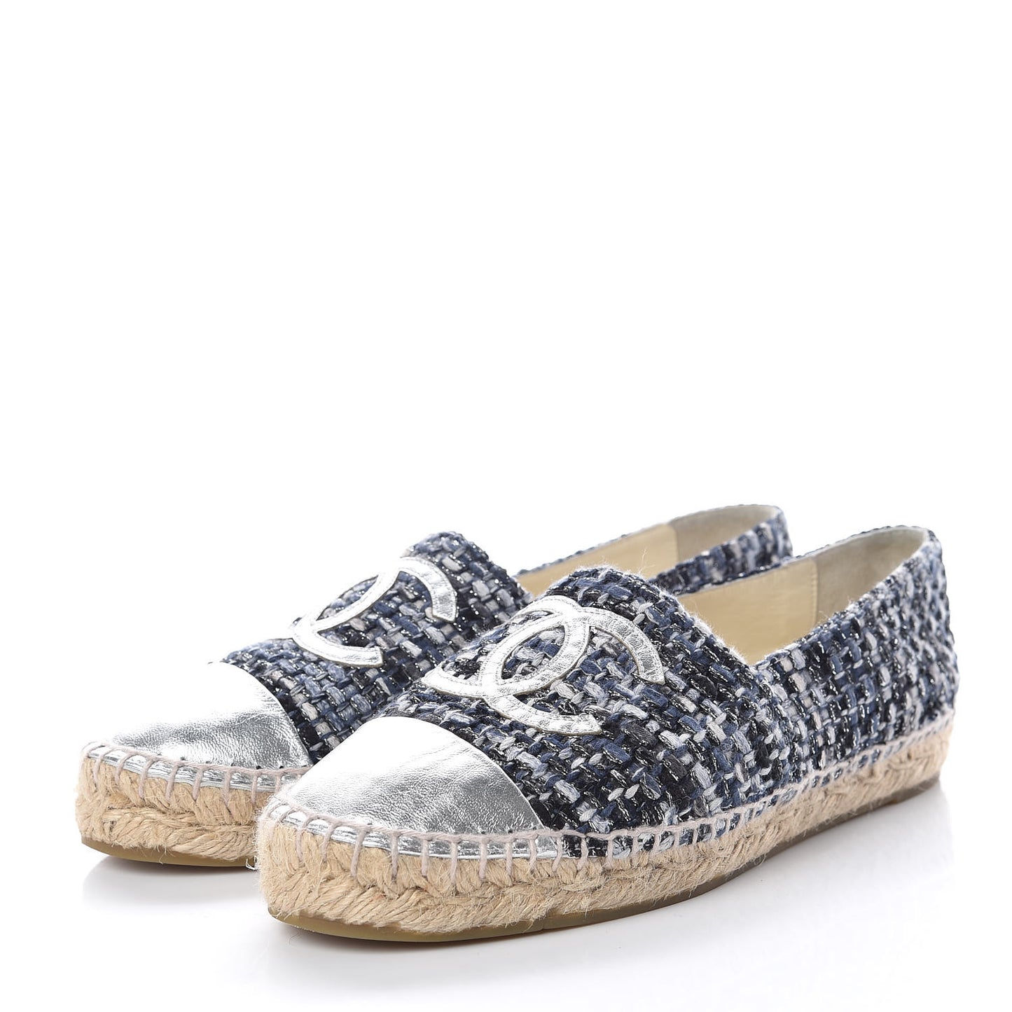 Metallic Tweed Lambskin CC Espadrilles 37 Blue Black Silver