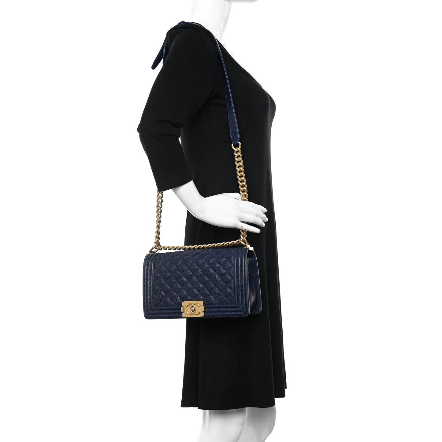 Caviar Quilted Medium Boy Flap Dark Navy Blue