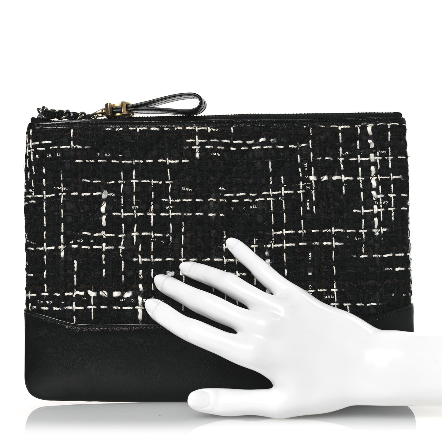 Tweed Calfskin Quilted Medium Cosmetic Pouch Black White