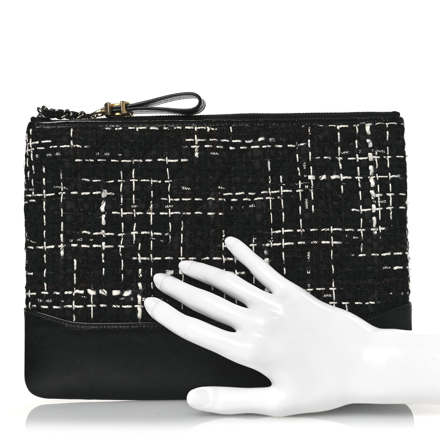 Chanel Tweed Calfskin Quilted Medium Cosmetic Pouch Black White 2 of 11