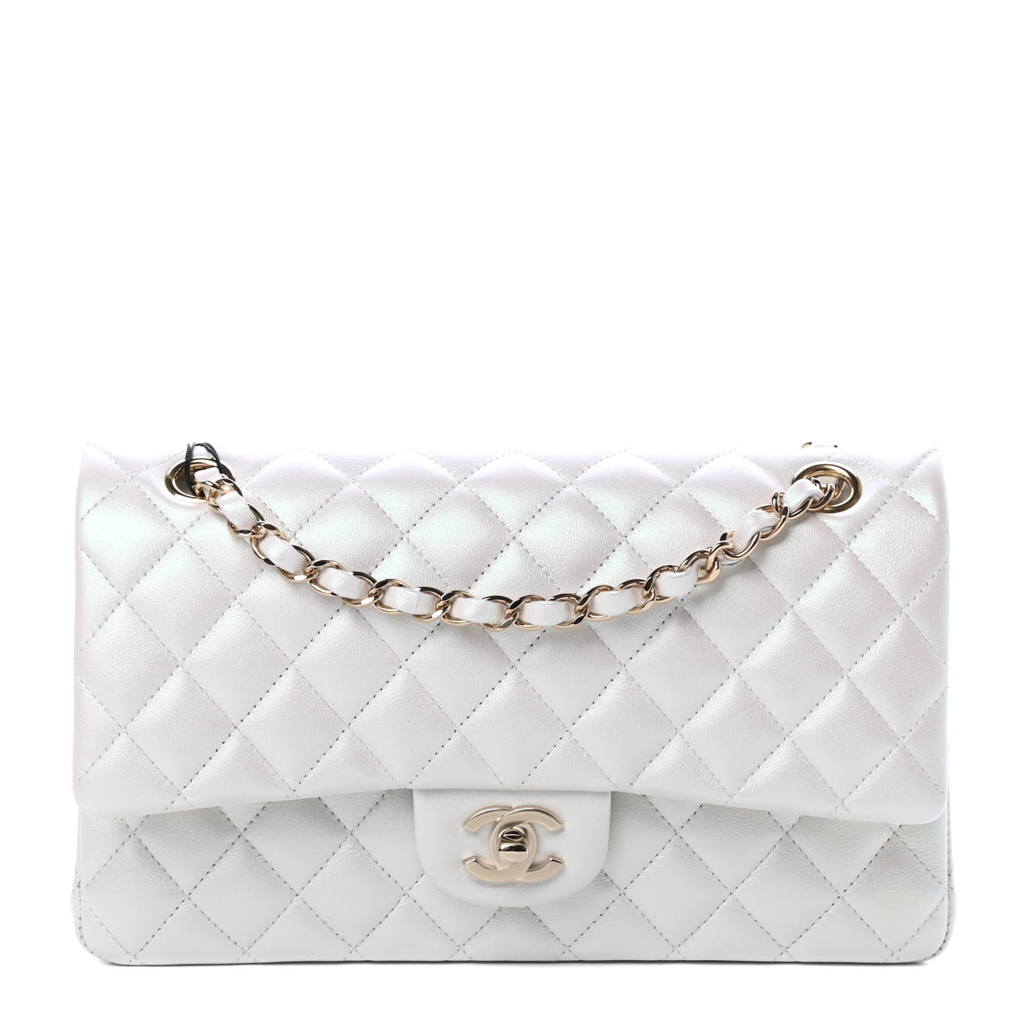 Iridescent Calfskin Quilted Medium Double Flap White