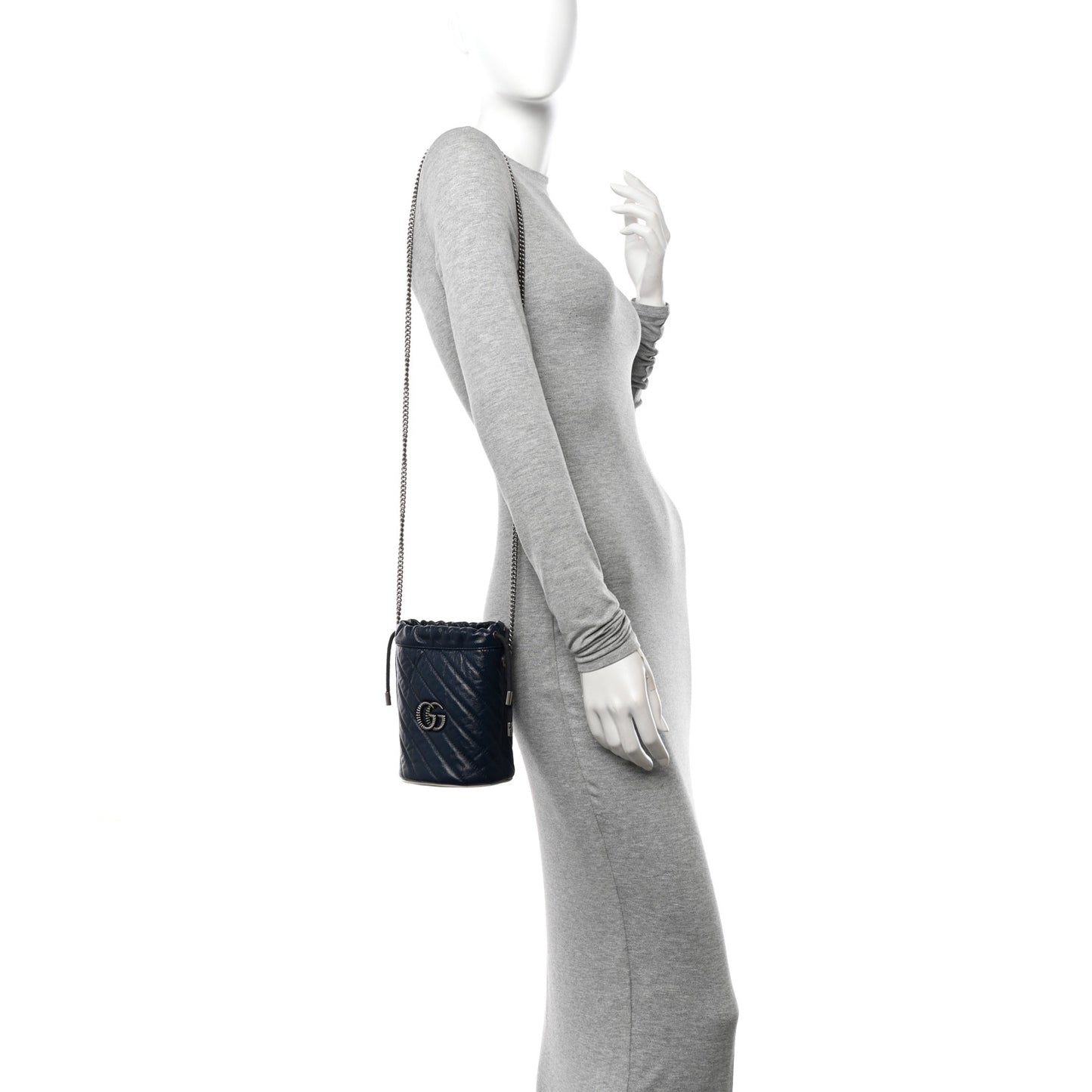 Vintage Effect Calfskin Matelasse Diagonal Mini Torchon GG Marmont 2.0 Bucket Bag Blue Agata Mystic White