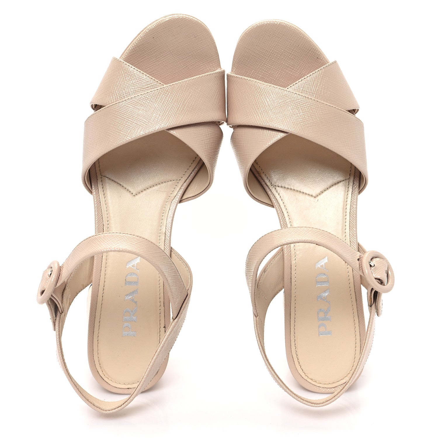Prada Vernice Saffiano Embossed Crisscross Platform 20/65mm Sandals 38.5 Beige 2 of 10