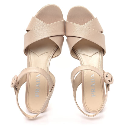 Prada Vernice Saffiano Embossed Crisscross Platform 20/65mm Sandals 38.5 Beige 2 of 10