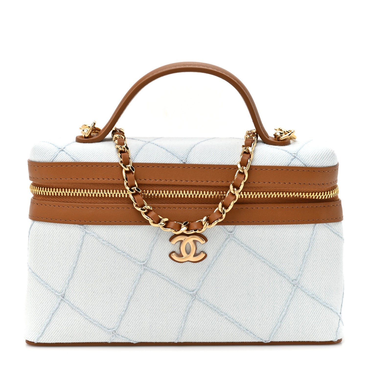 Chanel Washed Denim Calfskin Quilted Top Handle Slim Vanity Case With Chain Blue Brown 1 of 11