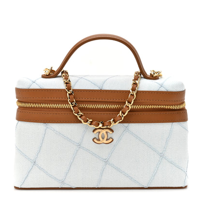 Chanel Washed Denim Calfskin Quilted Top Handle Slim Vanity Case With Chain Blue Brown 1 of 11
