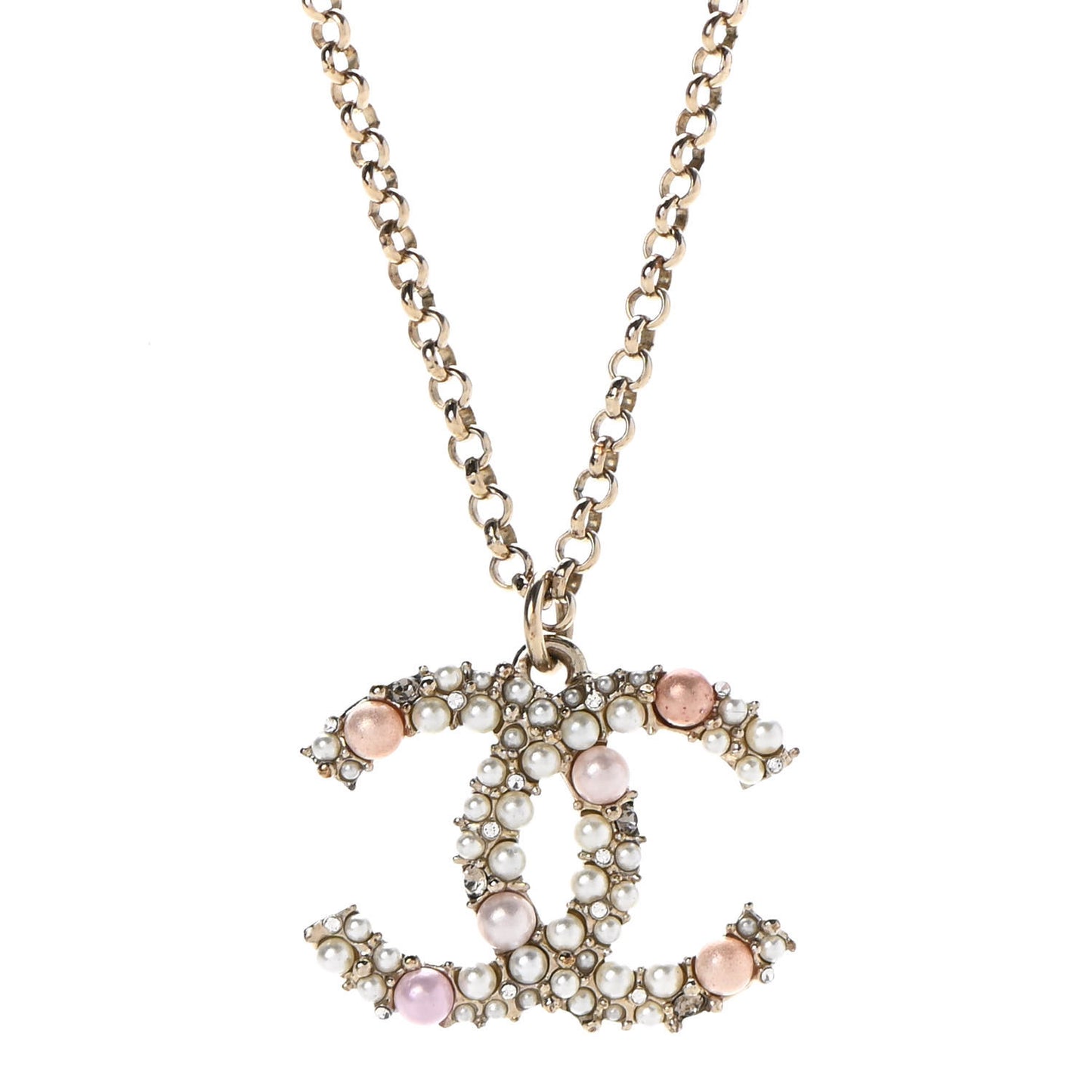 Crystal Pearl CC Pendant Necklace Gold Pink