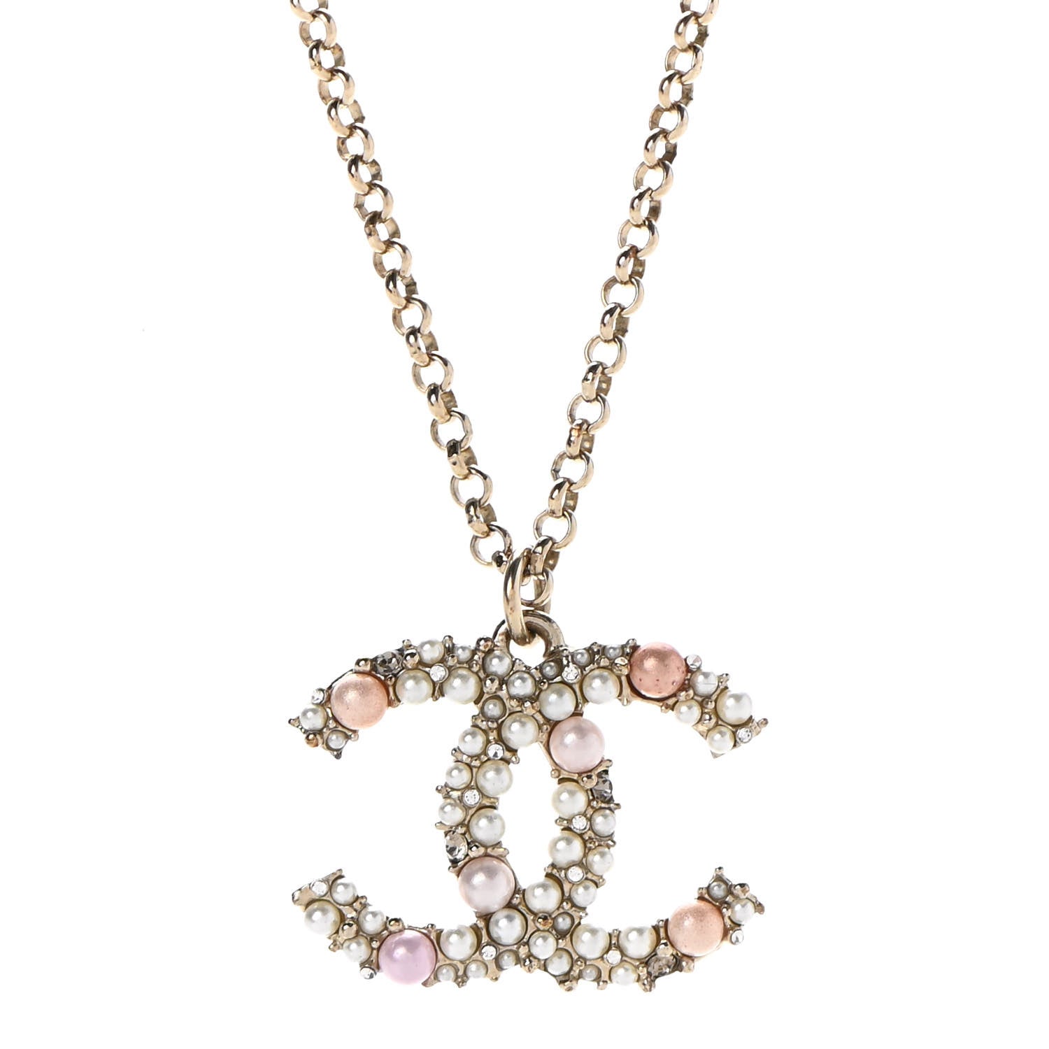 Chanel Crystal Pearl CC Pendant Necklace Gold Pink 4 of 8