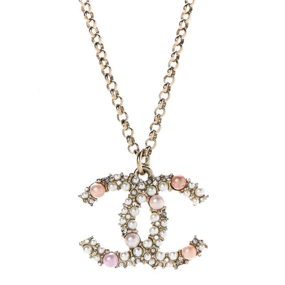 Chanel Crystal Pearl CC Pendant Necklace Gold Pink 4 of 8