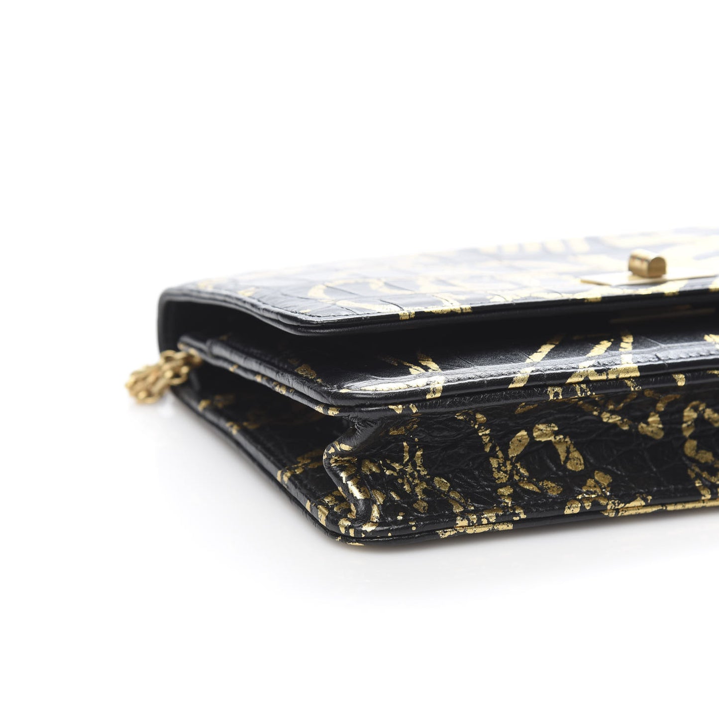 Calfskin Crocodile Embossed Graffiti 2.55 Cocodile Reissue Wallet On Chain WOC Black Gold