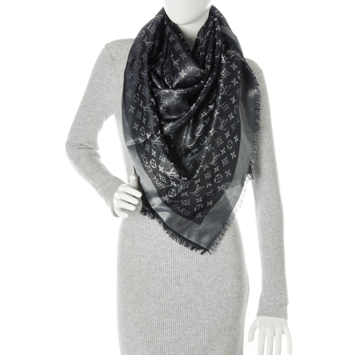 Louis Vuitton Silk Lurex Wool Monogram Shine Shawl Black 2 of 5