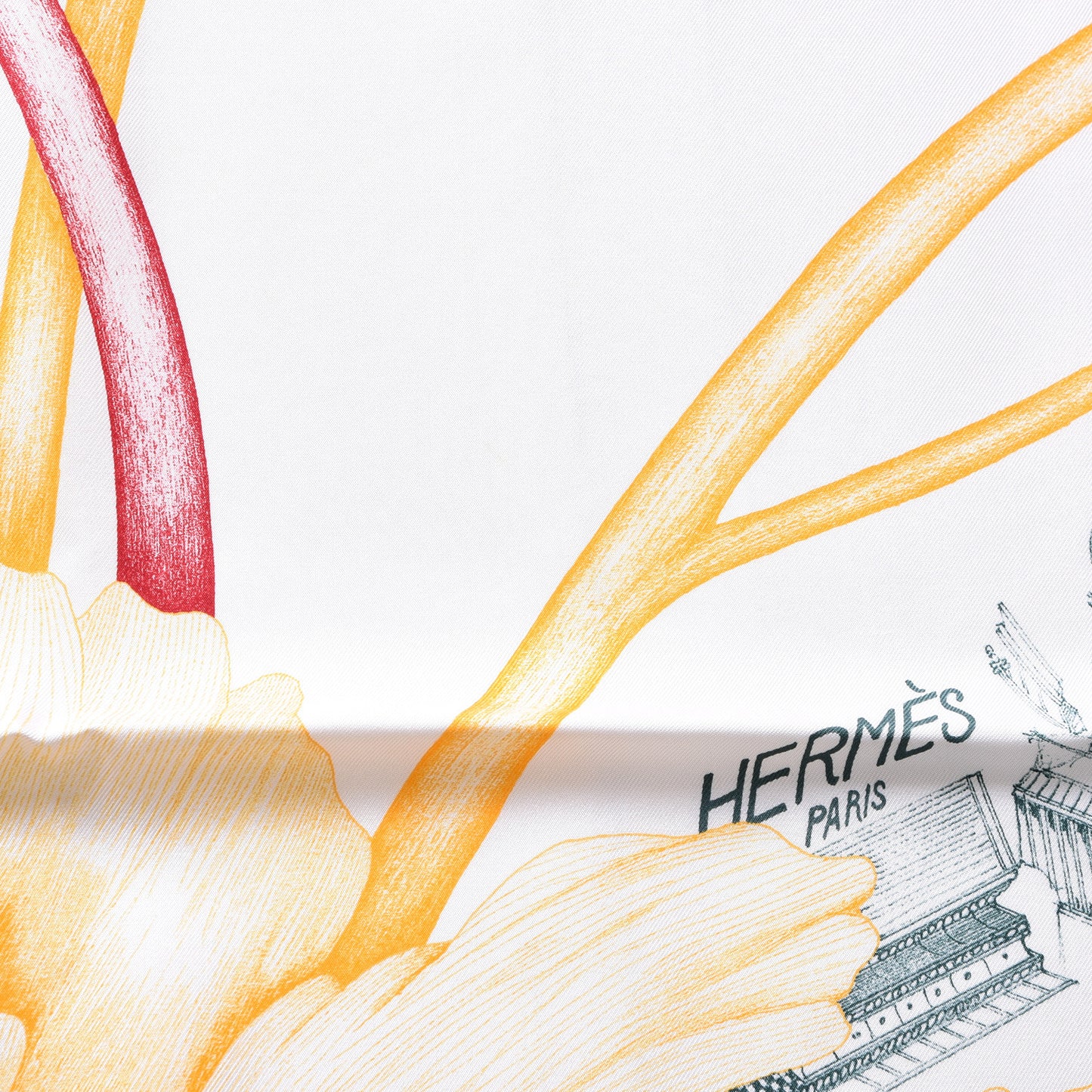 Silk A l'Ombre des Pivoines Scarf 90 White Orange Vert