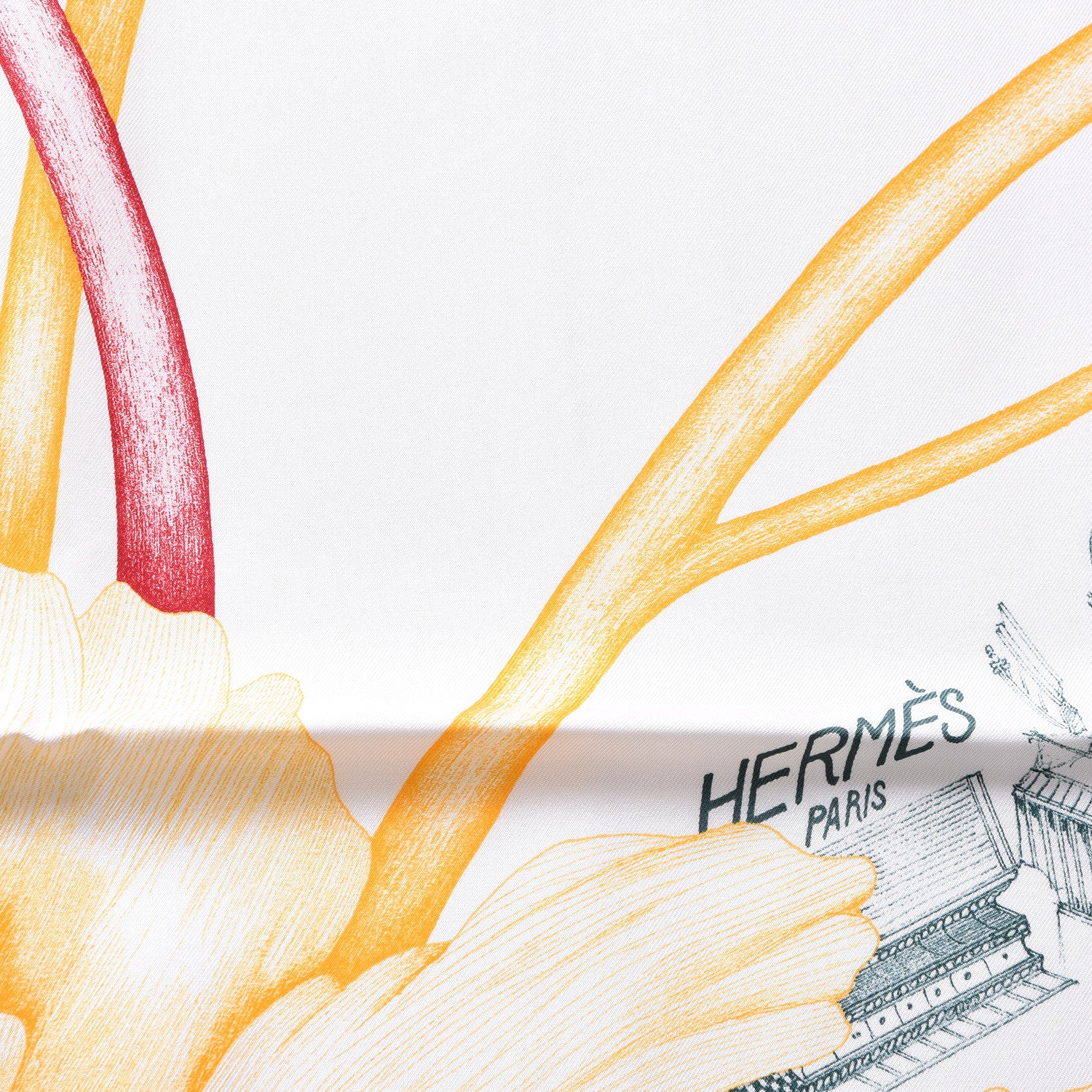 Hermes Silk A l'Ombre des Pivoines Scarf 90 White Orange Vert 3 of 4