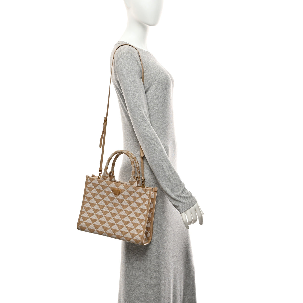 Prada Jacquard Saffiano Triangolo Symbole Embroidered Small Tote Corda Talco 2 of 11