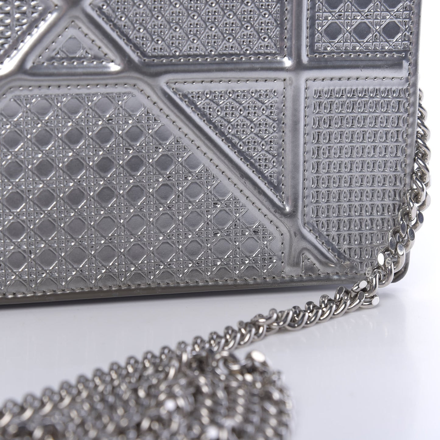 Metallic Patent Micro-Cannage Diorama Wallet on Chain Pouch Silver