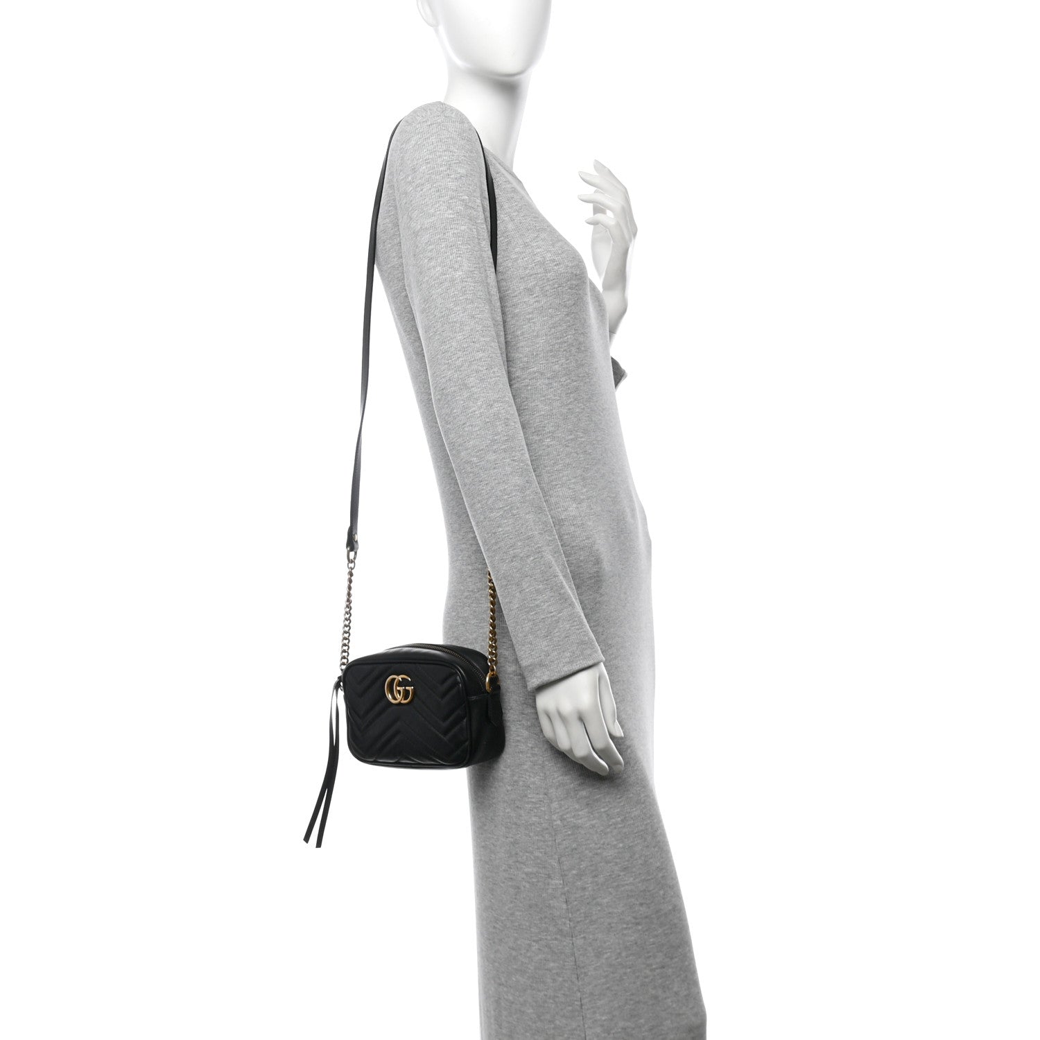 Gucci Calfskin Matelasse Mini GG Marmont Chain Shoulder Bag Black 2 of 15