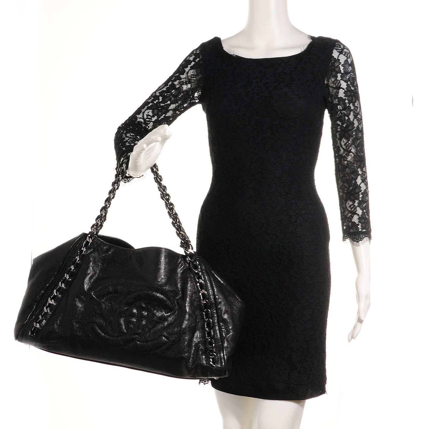 Glazed Caviar East West Large Modern Chain Tote Black