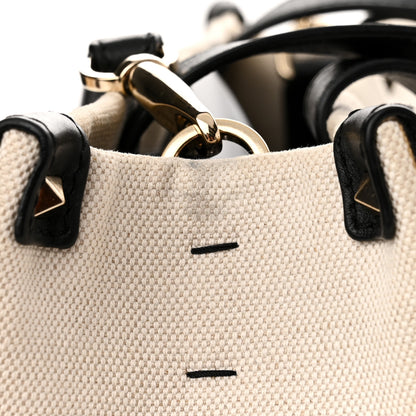 Valentino Garavani Canvas Calfskin VLTN Print Small Rockstud Tote Naturale Black 12 of 12