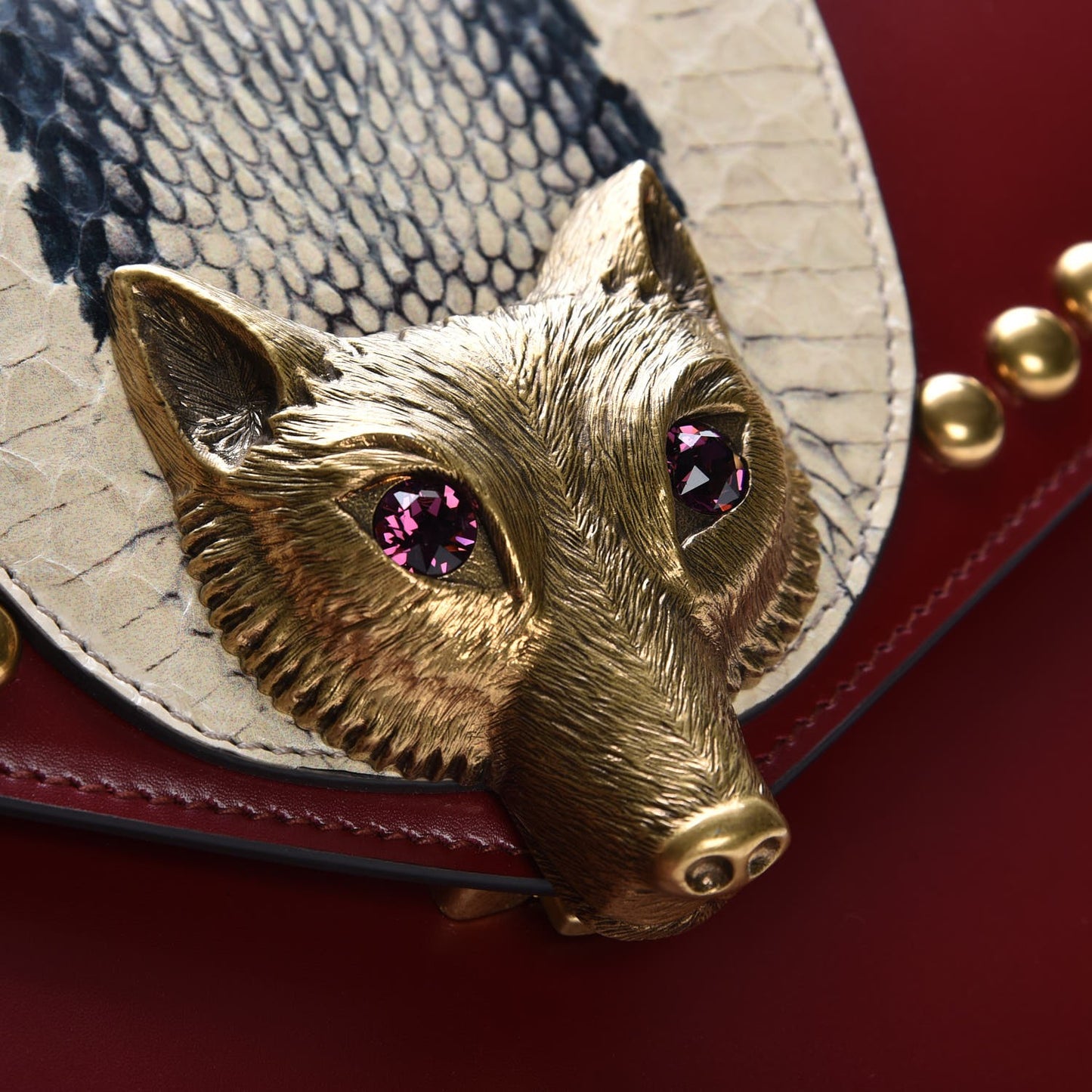 Glossy Calfskin Snakeskin Studded Fox Broche Bamboo Top Handle Bag Red