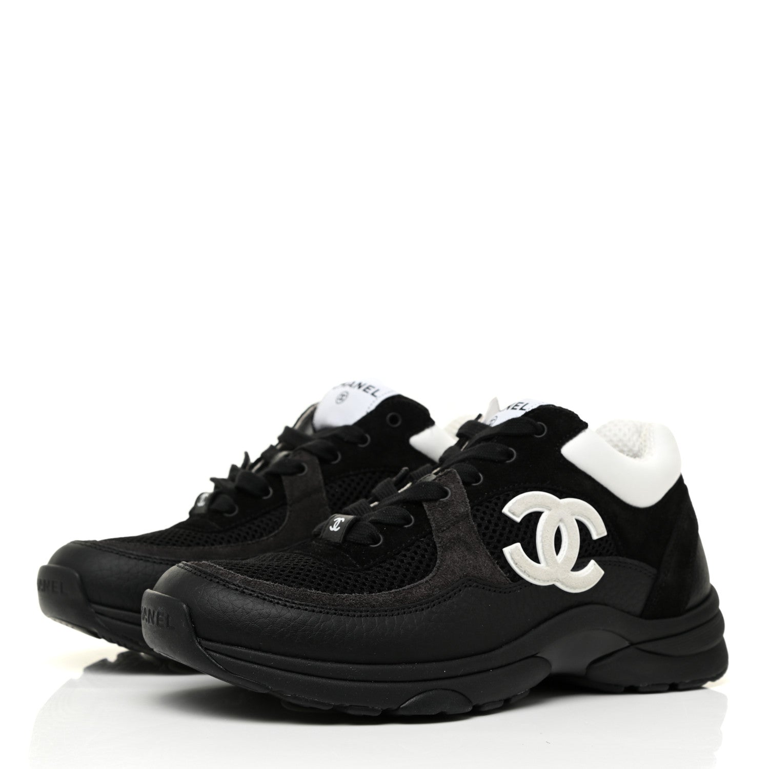 Chanel Fabric Calfskin Suede CC Sneakers 38 Black White 3 of 11