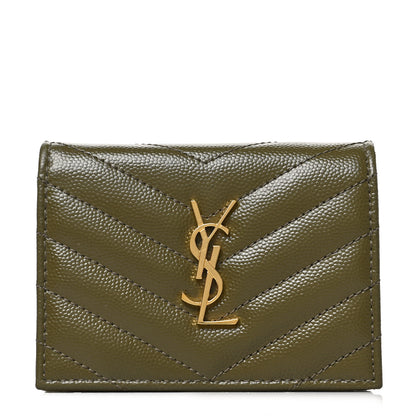 Saint Laurent Grain De Poudre Matelasse Chevron Monogram Card Case Kaki 1 of 6