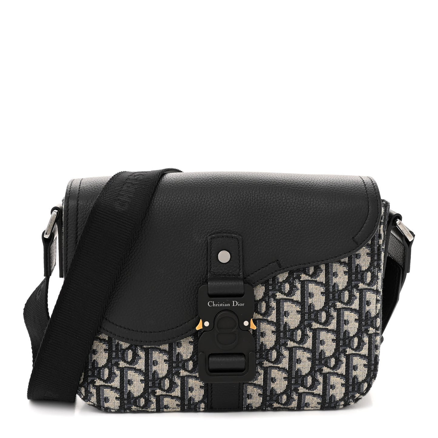 Oblique Jacquard Grained Calfskin Small Saddle Messenger Bag Beige Black