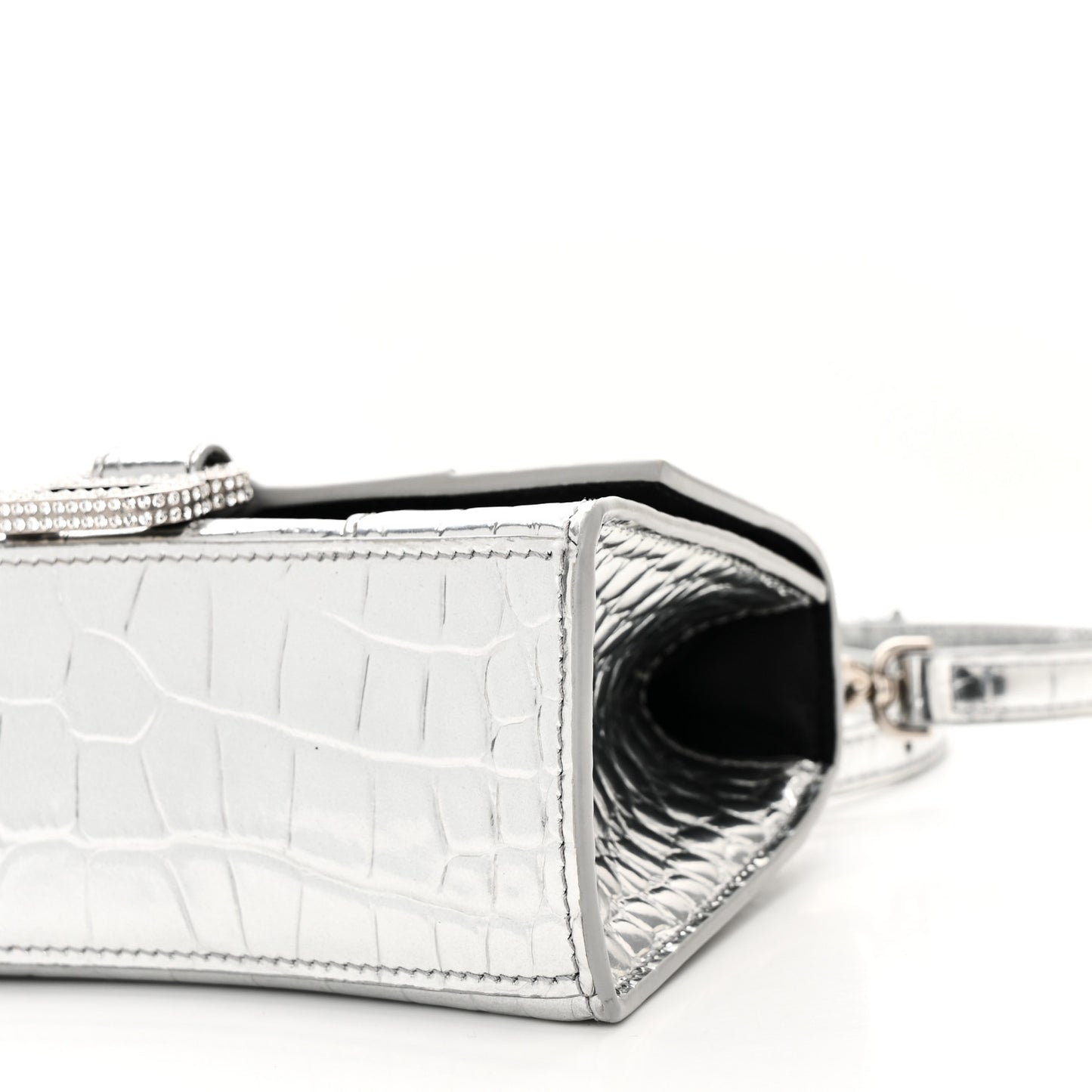 Metallic Calfskin Crocodile Embossed Crystal Hourglass Top Handle Bag XS Silver