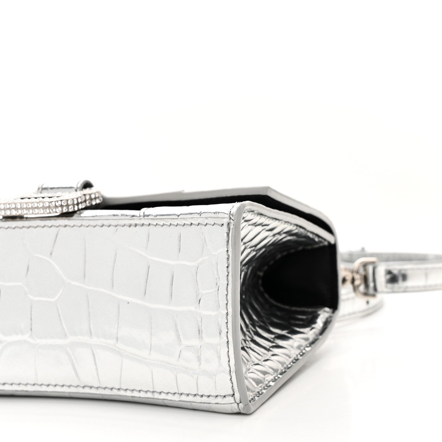Balenciaga Metallic Calfskin Crocodile Embossed Crystal Hourglass Top Handle Bag XS Silver 11 of 11