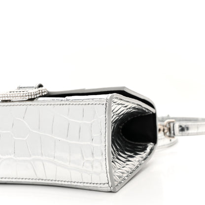 Balenciaga Metallic Calfskin Crocodile Embossed Crystal Hourglass Top Handle Bag XS Silver 11 of 11