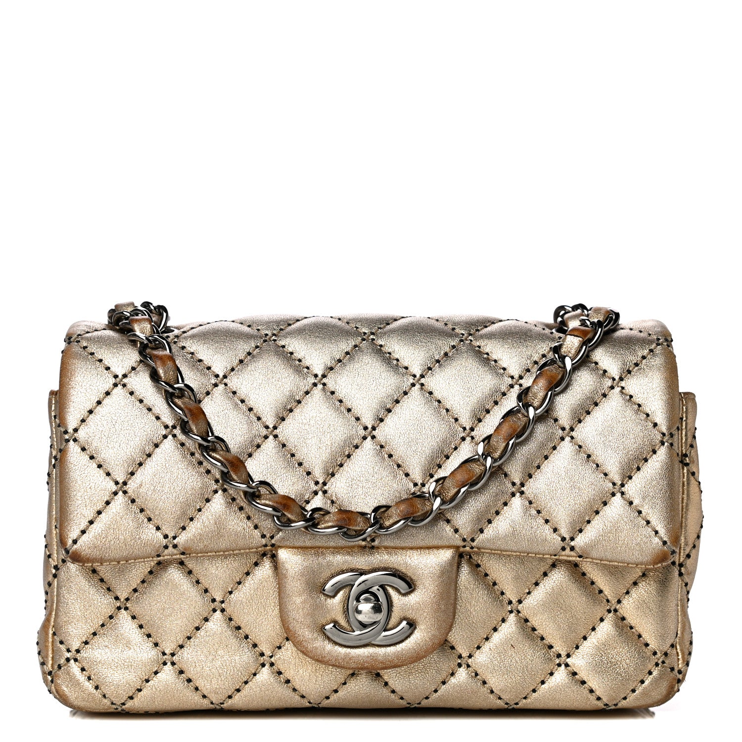 Chanel Metallic Lambskin Quilted Side Stitch Mini Rectangular Flap Gold 1 of 14