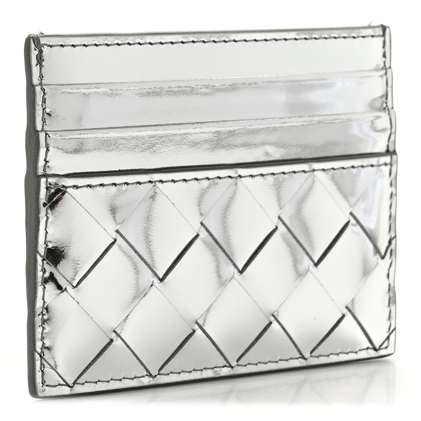 Mirror Laminated Nappa Intrecciato Card Holder Silver