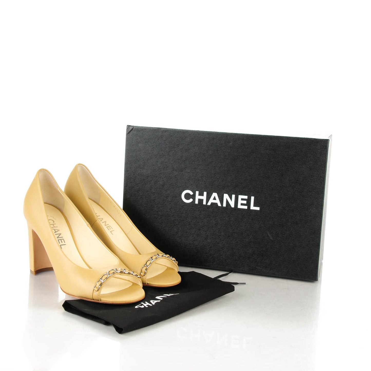 Calfskin Chain Peep Toe CC Pumps 39 Beige
