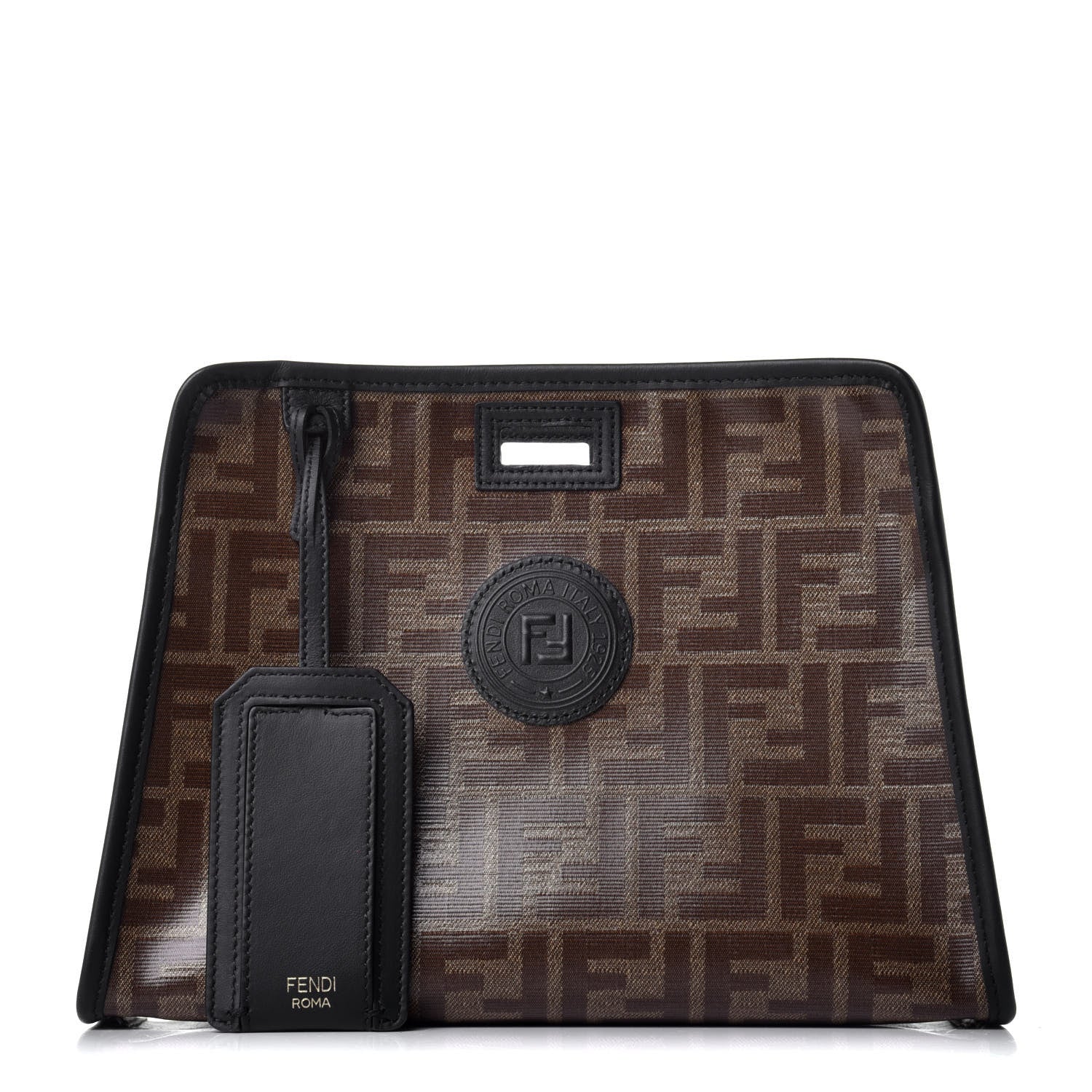 Fendi Glazed Fabric Vitello Century FF 1974 Stamp Patch Mini Peekaboo Defender Cover Mogano Panna Black 1 of 8